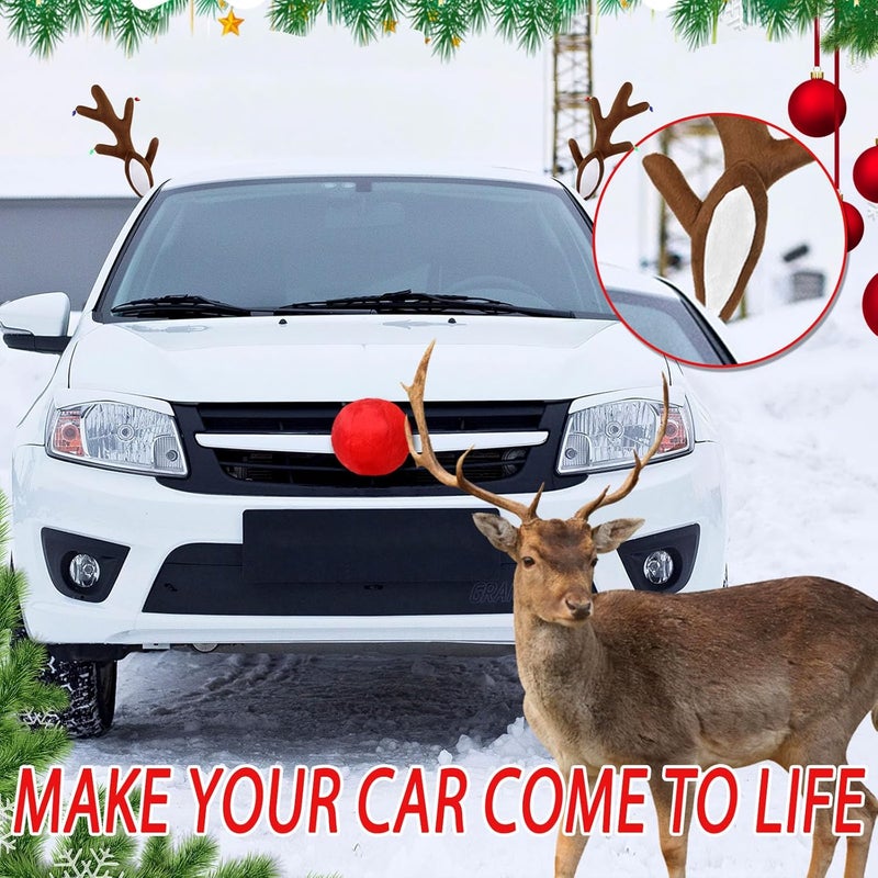 Narremcoy Christmas Car Reindeer Antlers with Ears and Nose - Festive Plush Antler Kit with Hanging Light - Universal Fit Rudolph Holiday Decoration for Car Window SUV Truck Xmas Gift - Image 3
